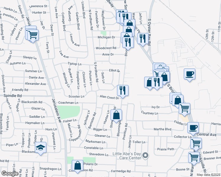 map of restaurants, bars, coffee shops, grocery stores, and more near 22 Scooter Lane in Hicksville