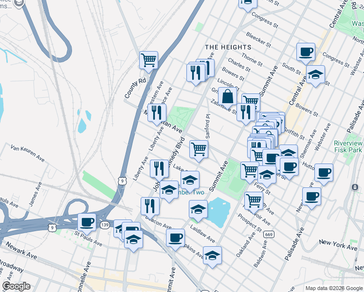 map of restaurants, bars, coffee shops, grocery stores, and more near 3284 John F. Kennedy Boulevard in Jersey City