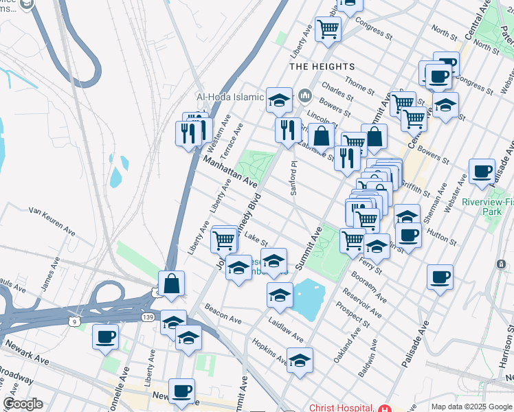 map of restaurants, bars, coffee shops, grocery stores, and more near 3284 John F. Kennedy Boulevard in Union City