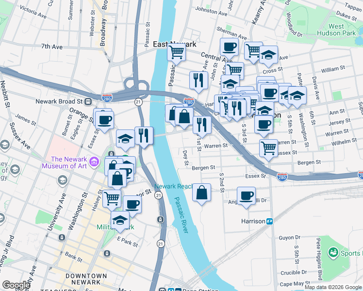 map of restaurants, bars, coffee shops, grocery stores, and more near 1 Harrison Avenue in Harrison