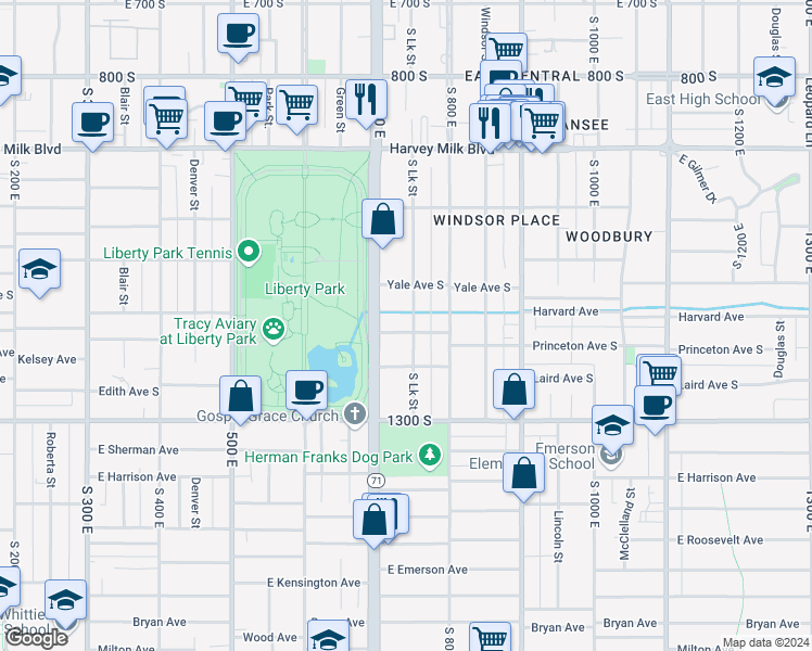 map of restaurants, bars, coffee shops, grocery stores, and more near 1124 Lake Street in Salt Lake City