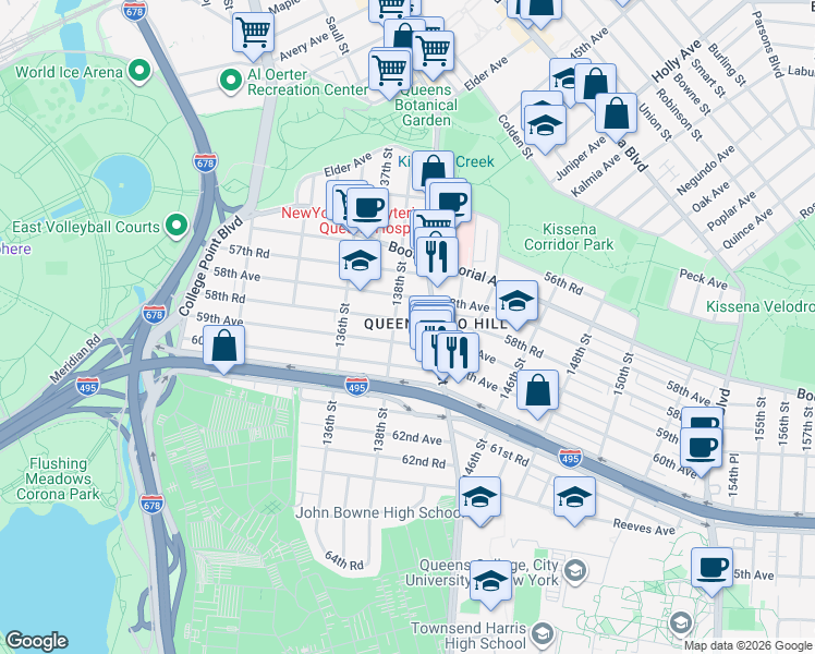 map of restaurants, bars, coffee shops, grocery stores, and more near 138-14 58th Road in Queens