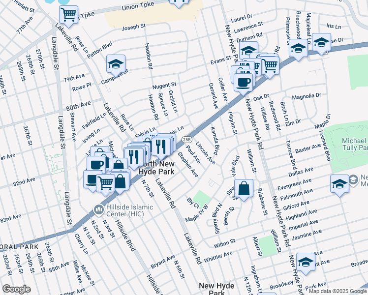 map of restaurants, bars, coffee shops, grocery stores, and more near 7 Paul Avenue in New Hyde Park