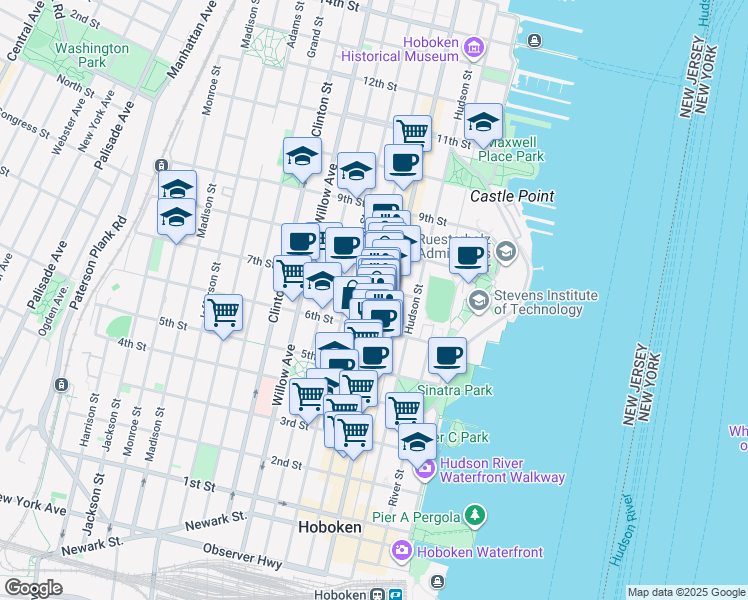 map of restaurants, bars, coffee shops, grocery stores, and more near 631 Bloomfield Street in Hoboken