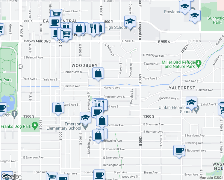 map of restaurants, bars, coffee shops, grocery stores, and more near 1150 Harvard Avenue in Salt Lake City