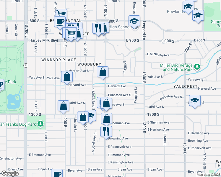 map of restaurants, bars, coffee shops, grocery stores, and more near 1121 South 1100 East in Salt Lake City