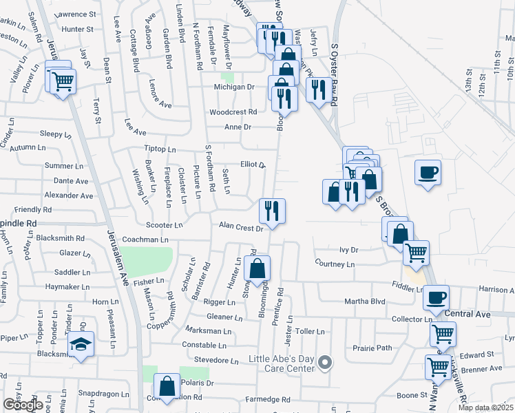 map of restaurants, bars, coffee shops, grocery stores, and more near 22 Scooter Lane in Hicksville