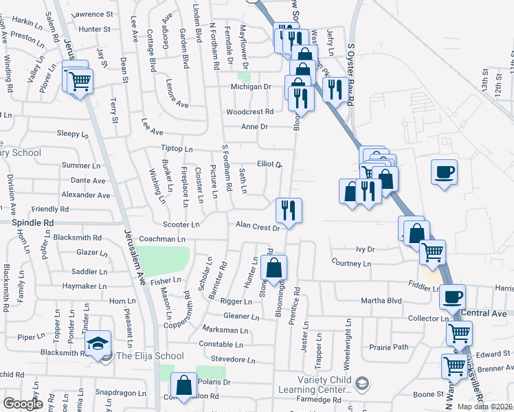 map of restaurants, bars, coffee shops, grocery stores, and more near 22 Scooter Lane in Hicksville