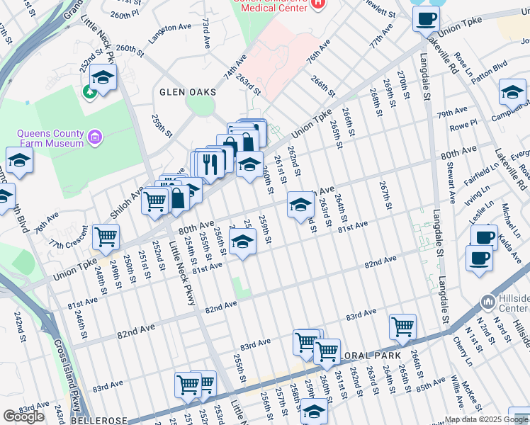 map of restaurants, bars, coffee shops, grocery stores, and more near 80-03 259th Street in Queens