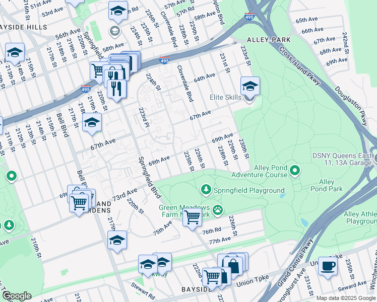 map of restaurants, bars, coffee shops, grocery stores, and more near 224-15 69th Avenue in Queens