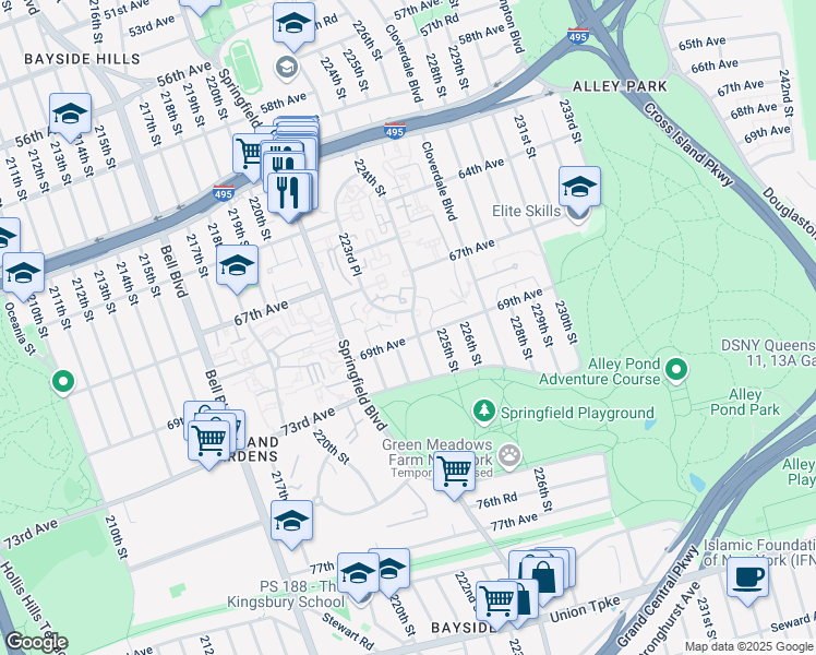 map of restaurants, bars, coffee shops, grocery stores, and more near 223-7 69th Avenue in Queens