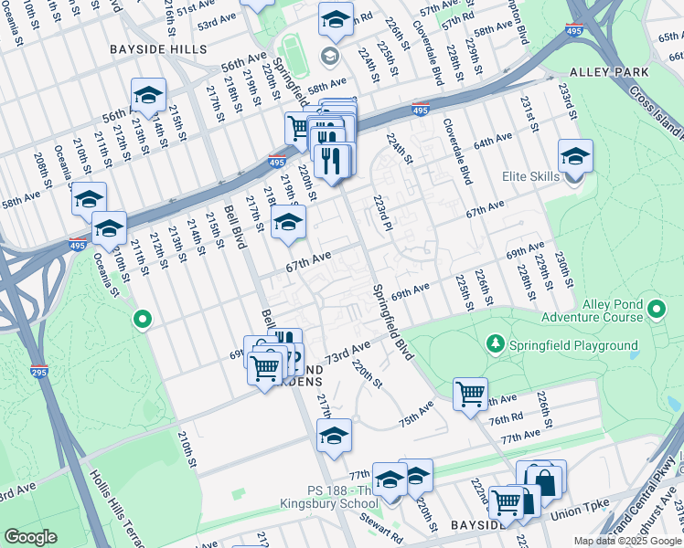 map of restaurants, bars, coffee shops, grocery stores, and more near 21912 67th Avenue in Queens