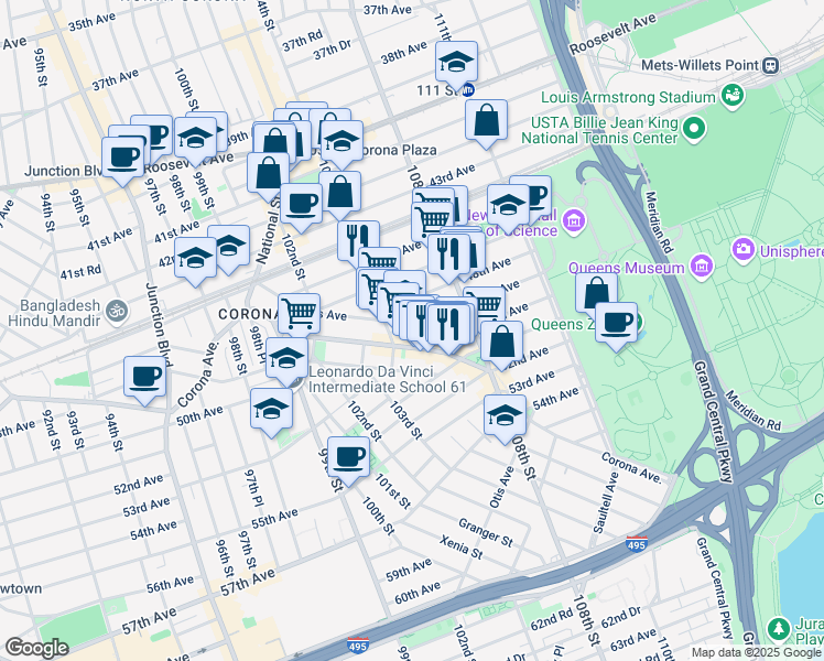 map of restaurants, bars, coffee shops, grocery stores, and more near in Queens