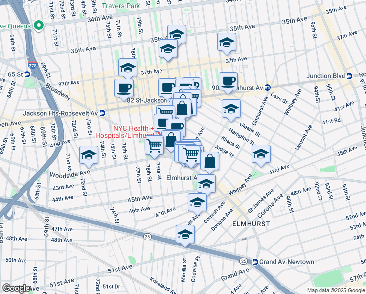 map of restaurants, bars, coffee shops, grocery stores, and more near 42-15 Layton Street in Queens