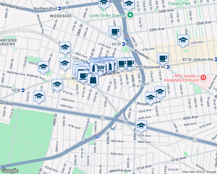 map of restaurants, bars, coffee shops, grocery stores, and more near 39-71 64th Street in Queens