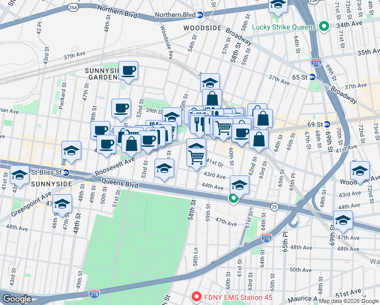 map of restaurants, bars, coffee shops, grocery stores, and more near 41-39 57th Street in Queens