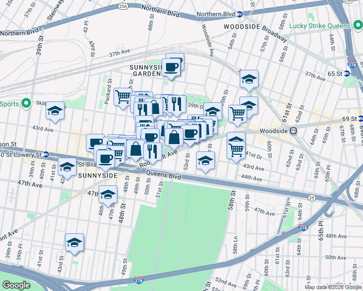 map of restaurants, bars, coffee shops, grocery stores, and more near 5217 Roosevelt Avenue in Queens