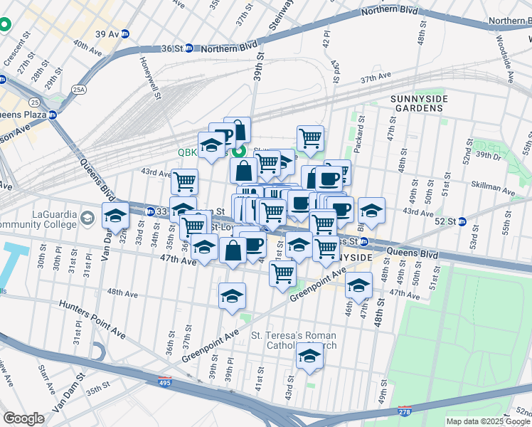 map of restaurants, bars, coffee shops, grocery stores, and more near in Queens