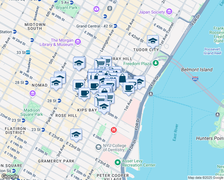 map of restaurants, bars, coffee shops, grocery stores, and more near 239 East 33rd Street in New York