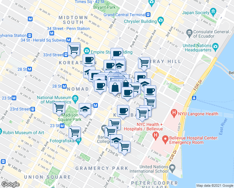 map of restaurants, bars, coffee shops, grocery stores, and more near 114 East 32nd Street in New York