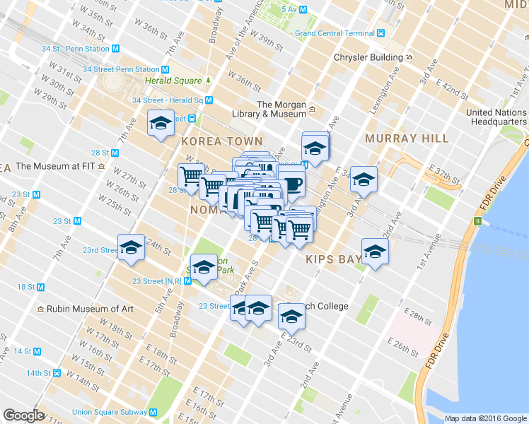 map of restaurants, bars, coffee shops, grocery stores, and more near 79 Madison Avenue in New York