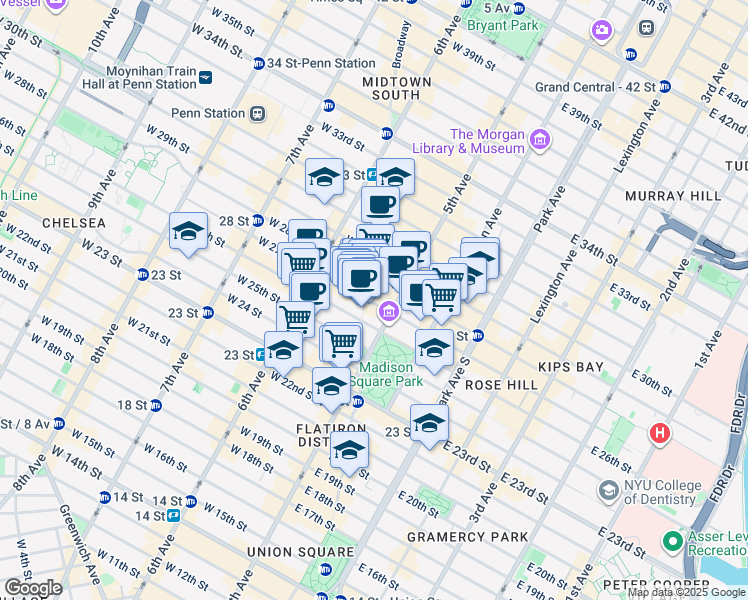 map of restaurants, bars, coffee shops, grocery stores, and more near 1155-1157 Broadway in New York