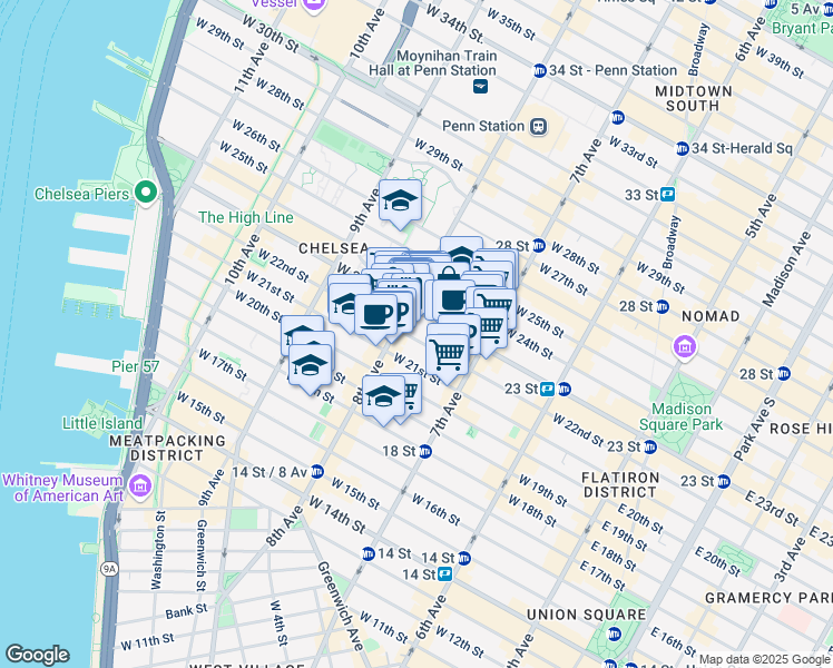 map of restaurants, bars, coffee shops, grocery stores, and more near 240 West 22nd Street in New York