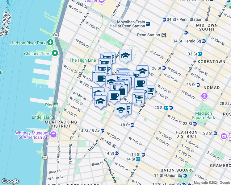 map of restaurants, bars, coffee shops, grocery stores, and more near 219 8th Avenue in New York