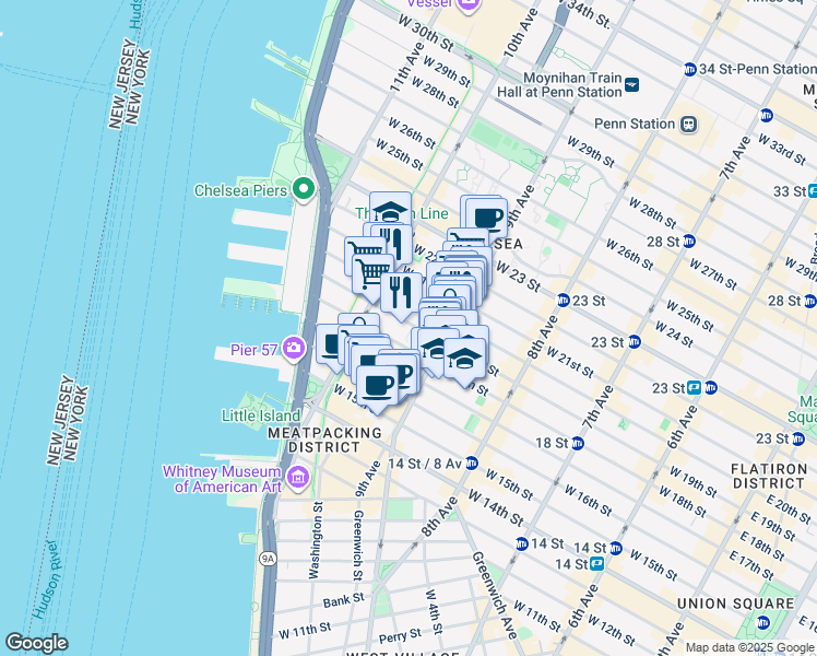 map of restaurants, bars, coffee shops, grocery stores, and more near 421 West 19th Street in New York