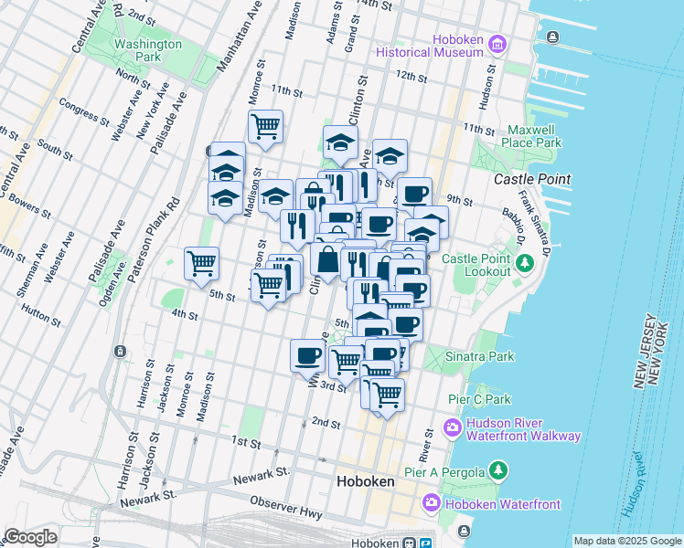 map of restaurants, bars, coffee shops, grocery stores, and more near in Hoboken