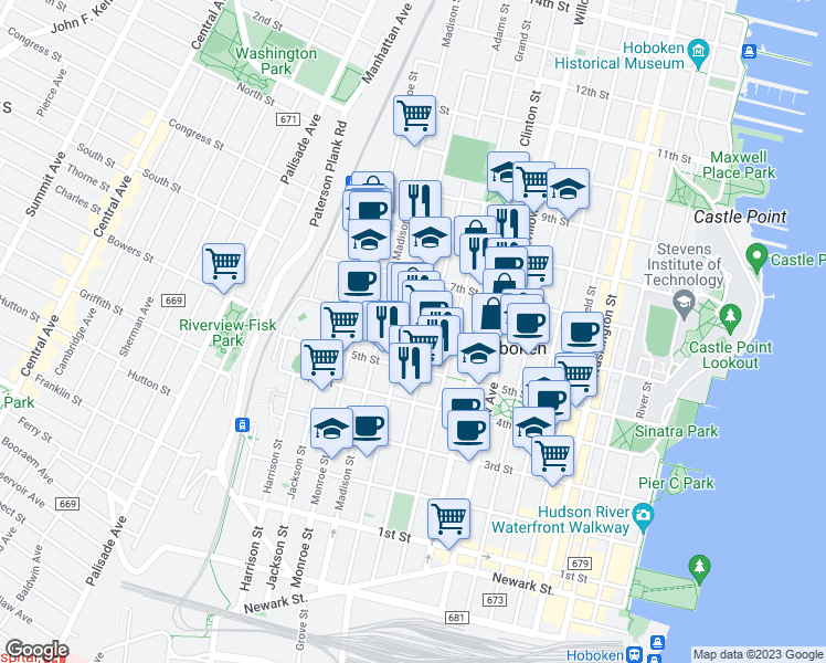 map of restaurants, bars, coffee shops, grocery stores, and more near 533 Adams Street in Hoboken