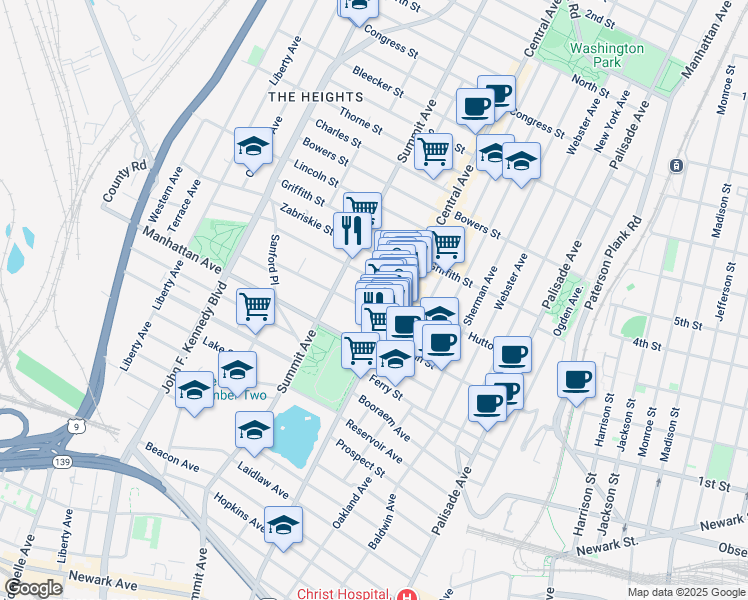 map of restaurants, bars, coffee shops, grocery stores, and more near 28 Sherman Place in Jersey City