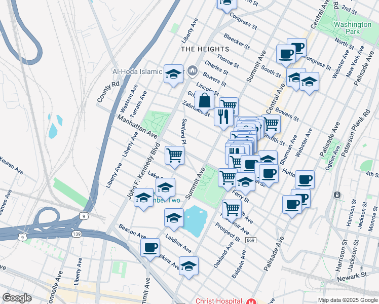 map of restaurants, bars, coffee shops, grocery stores, and more near 146 Manhattan Avenue in Jersey City