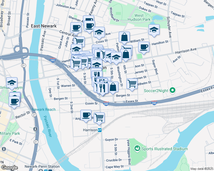map of restaurants, bars, coffee shops, grocery stores, and more near 409 Warren Street in Harrison