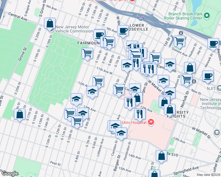 map of restaurants, bars, coffee shops, grocery stores, and more near 100 South 6th Street in Newark