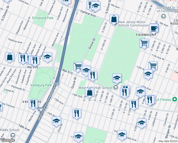 map of restaurants, bars, coffee shops, grocery stores, and more near 365 South 19th Street in Newark