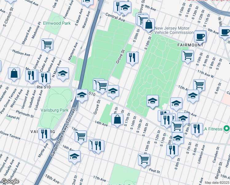 map of restaurants, bars, coffee shops, grocery stores, and more near 365 South 19th Street in Newark