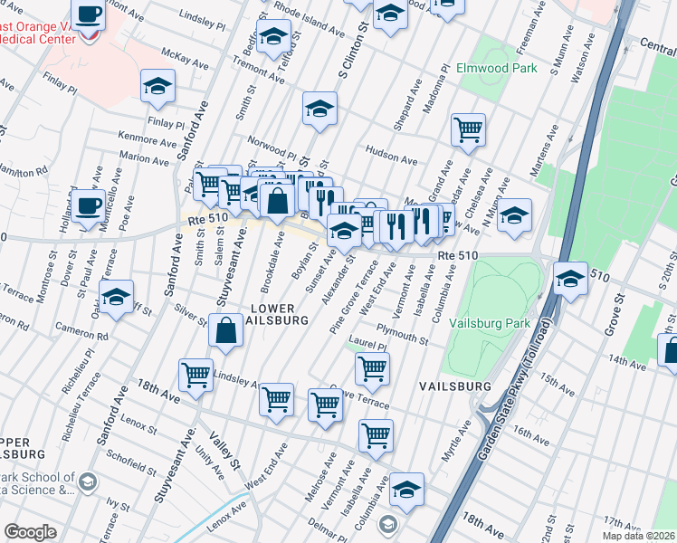 map of restaurants, bars, coffee shops, grocery stores, and more near 33 Alexander Street in Newark