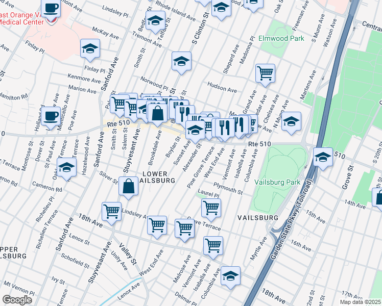 map of restaurants, bars, coffee shops, grocery stores, and more near 33 Alexander Street in Newark