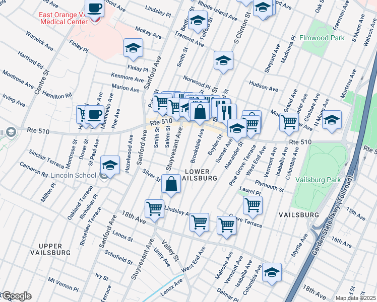 map of restaurants, bars, coffee shops, grocery stores, and more near 52 Brookdale Avenue in Newark