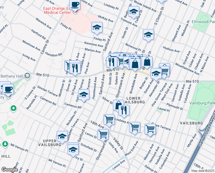 map of restaurants, bars, coffee shops, grocery stores, and more near 500 Sanford Avenue in Newark