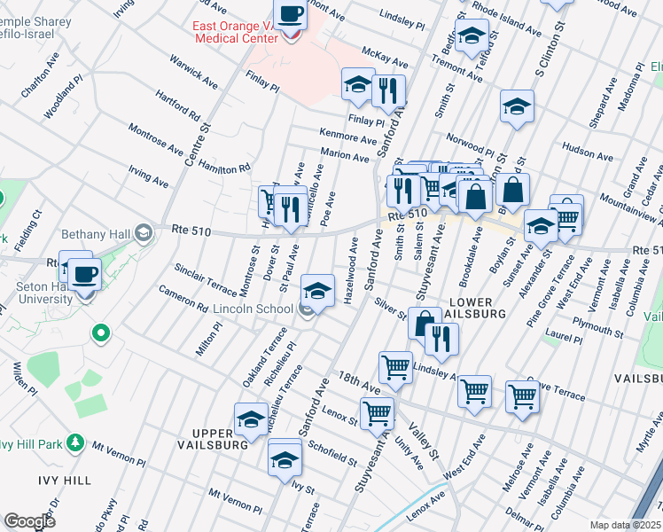 map of restaurants, bars, coffee shops, grocery stores, and more near 35 Hazelwood Avenue in Newark