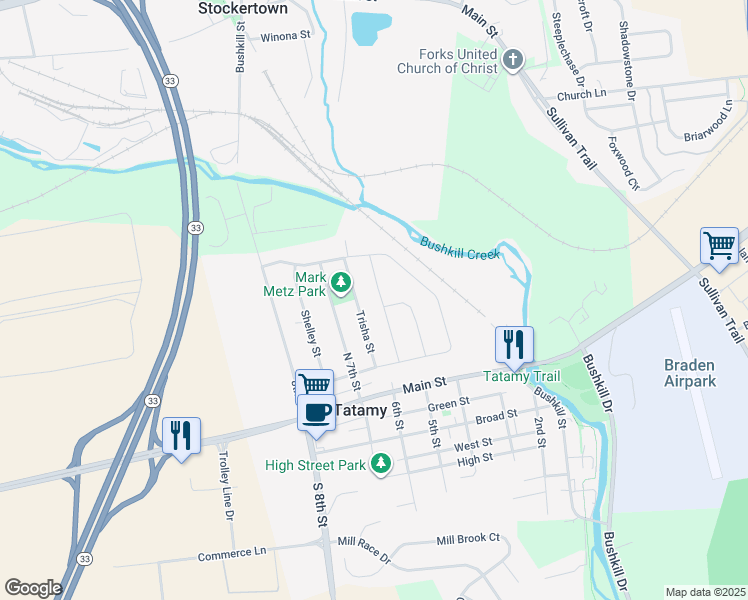 map of restaurants, bars, coffee shops, grocery stores, and more near 150 Messinger Street in Tatamy
