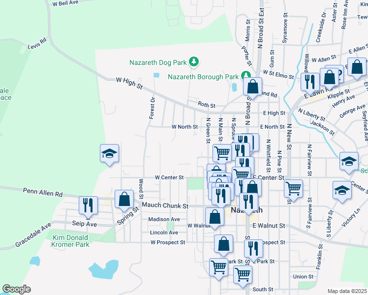 map of restaurants, bars, coffee shops, grocery stores, and more near 121 W North St in Nazareth