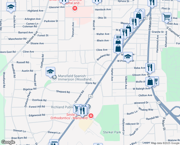map of restaurants, bars, coffee shops, grocery stores, and more near 523 East Townview Circle in Mansfield