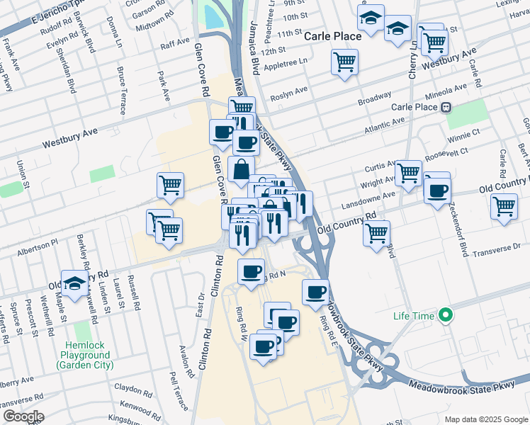 map of restaurants, bars, coffee shops, grocery stores, and more near 179 Old Country Road in Carle Place