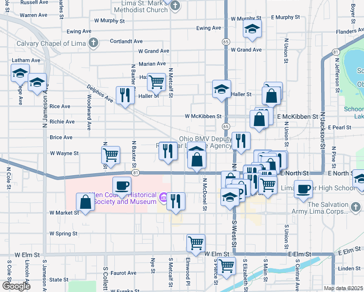 map of restaurants, bars, coffee shops, grocery stores, and more near 407 N Washington St in Lima