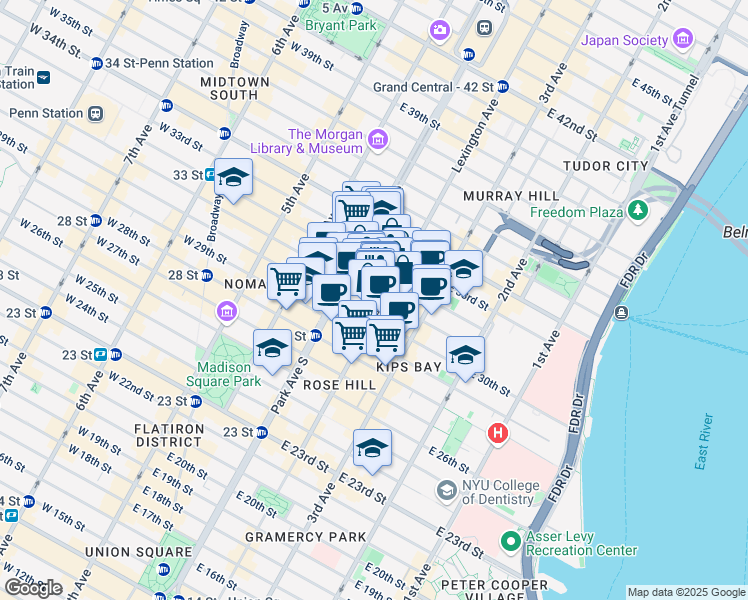 map of restaurants, bars, coffee shops, grocery stores, and more near 128 East 31st Street in New York