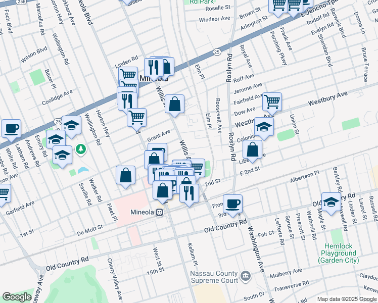 map of restaurants, bars, coffee shops, grocery stores, and more near 156 Willis Avenue in Mineola