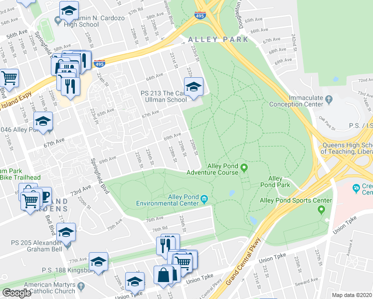 map of restaurants, bars, coffee shops, grocery stores, and more near 69-37 229th Street in Queens